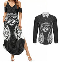 Hawke's Bay 2026 Rugby Custom Couples Matching Summer Maxi Dress and Long Sleeve Button Shirt NZ Maori Silver Fern LT14 Black - Polynesian Pride
