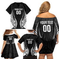 Hawke's Bay 2026 Rugby Custom Family Matching Off Shoulder Short Dress and Hawaiian Shirt NZ Maori Silver Fern LT14 Mom's Dress Black - Polynesian Pride