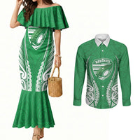 Manawatu 2026 Rugby Custom Couples Matching Mermaid Dress and Long Sleeve Button Shirt NZ Maori Silver Fern LT14 Green - Polynesian Pride