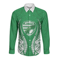 Manawatu 2026 Rugby Custom Long Sleeve Button Shirt NZ Maori Silver Fern LT14 Unisex Green - Polynesian Pride