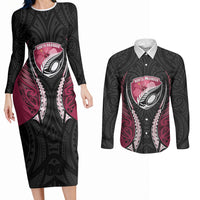 North Harbour 2026 Rugby Custom Couples Matching Long Sleeve Bodycon Dress and Long Sleeve Button Shirt NZ Maori Silver Fern LT14 Maroon - Polynesian Pride