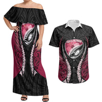 North Harbour 2026 Rugby Custom Couples Matching Off Shoulder Maxi Dress and Hawaiian Shirt NZ Maori Silver Fern LT14 Maroon - Polynesian Pride