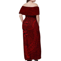 Oxblood Polynesia Off Shoulder Maxi Dress Hawaiian Tribal Hammerhead Shark Tattoo