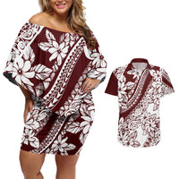Polynesian Tropical Flowers Oxblood Color Couples Matching Off Shoulder Short Dress and Hawaiian Shirt