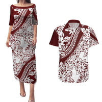 Polynesian Tropical Flowers Oxblood Color Couples Matching Puletasi and Hawaiian Shirt