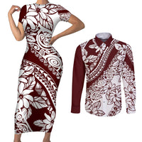 Polynesian Tropical Flowers Oxblood Color Couples Matching Short Sleeve Bodycon Dress and Long Sleeve Button Shirt