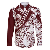 Polynesian Tropical Flowers Oxblood Color Family Matching Off The Shoulder Long Sleeve Dress and Hawaiian Shirt LT14 Dad's Shirt - Long Sleeve Oxblood - Polynesian Pride