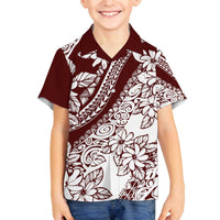Polynesian Tropical Flowers Oxblood Color Family Matching Off The Shoulder Long Sleeve Dress and Hawaiian Shirt LT14 Son's Shirt Oxblood - Polynesian Pride
