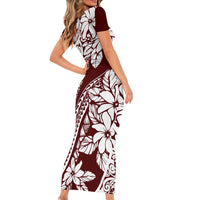 Polynesian Tropical Flowers Oxblood Color Family Matching Short Sleeve Bodycon Dress and Hawaiian Shirt