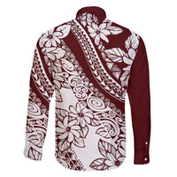 Polynesian Tropical Flowers Oxblood Color Family Matching Tank Maxi Dress and Hawaiian Shirt