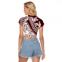 Polynesian Tropical Flowers Oxblood Color Raglan Cropped T Shirt