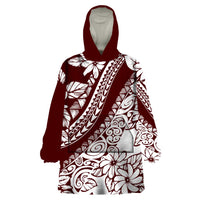 Polynesian Tropical Flowers Oxblood Color Wearable Blanket Hoodie