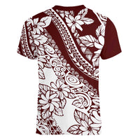Polynesian Tropical Flowers Oxblood Color Women V-Neck T-Shirt