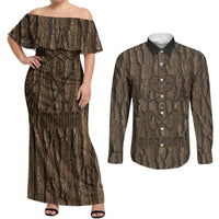 Kioranga Moriori New Zealand Couples Matching Off Shoulder Maxi Dress and Long Sleeve Button Shirt Kopi Rakau Carving Art