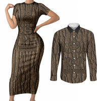 Kioranga Moriori New Zealand Couples Matching Short Sleeve Bodycon Dress and Long Sleeve Button Shirt Kopi Rakau Carving Art