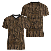Kioranga Moriori New Zealand Women V-Neck T-Shirt Kopi Rakau Carving Art