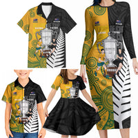 New Zealand Australia Rugby Bledisloe 2026 Custom Family Matching Long Sleeve Bodycon Dress and Hawaiian Shirt Champion Trophy Maori Aboriginal Art
