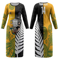 New Zealand Australia Rugby Bledisloe 2026 Custom Family Matching Long Sleeve Bodycon Dress and Hawaiian Shirt Champion Trophy Maori Aboriginal Art
