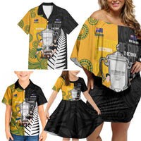 New Zealand Australia Rugby Bledisloe 2026 Custom Family Matching Off Shoulder Short Dress and Hawaiian Shirt Champion Trophy Maori Aboriginal Art