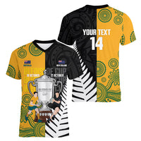 New Zealand Australia Rugby Bledisloe 2026 Custom Women V-Neck T-Shirt Champion Trophy Maori Aboriginal Art