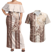 Swimming With Humpback Whales Season Tonga Couples Matching Off Shoulder Maxi Dress and Hawaiian Shirt Tongan Tofuaa Ngatu Pattern Brown