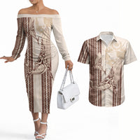 Swimming With Humpback Whales Season Tonga Couples Matching Off The Shoulder Long Sleeve Dress and Hawaiian Shirt Tongan Tofuaa Ngatu Pattern Brown