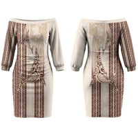 Swimming With Humpback Whales Season Tonga Couples Matching Off The Shoulder Long Sleeve Dress and Hawaiian Shirt Tongan Tofuaa Ngatu Pattern Brown