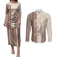 Swimming With Humpback Whales Season Tonga Couples Matching Puletasi and Long Sleeve Button Shirt Tongan Tofuaa Ngatu Pattern Brown