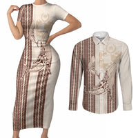 Swimming With Humpback Whales Season Tonga Couples Matching Short Sleeve Bodycon Dress and Long Sleeve Button Shirt Tongan Tofuaa Ngatu Pattern Brown