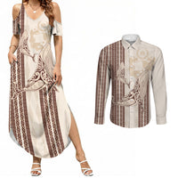 Swimming With Humpback Whales Season Tonga Couples Matching Summer Maxi Dress and Long Sleeve Button Shirt Tongan Tofuaa Ngatu Pattern Brown