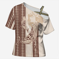 Swimming With Humpback Whales Season Tonga Cross Shoulder Shirt Tongan Tofuaa Ngatu Pattern Brown