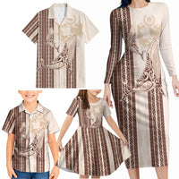 Swimming With Humpback Whales Season Tonga Family Matching Long Sleeve Bodycon Dress and Hawaiian Shirt Tongan Tofuaa Ngatu Pattern Brown