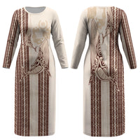 Swimming With Humpback Whales Season Tonga Family Matching Long Sleeve Bodycon Dress and Hawaiian Shirt Tongan Tofuaa Ngatu Pattern Brown