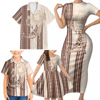 Swimming With Humpback Whales Season Tonga Family Matching Short Sleeve Bodycon Dress and Hawaiian Shirt Tongan Tofuaa Ngatu Pattern Brown