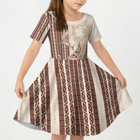 Swimming With Humpback Whales Season Tonga Kid Short Sleeve Dress Tongan Tofuaa Ngatu Pattern Brown