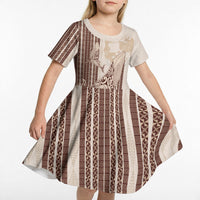 Swimming With Humpback Whales Season Tonga Kid Short Sleeve Dress Tongan Tofuaa Ngatu Pattern Brown