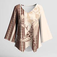 Swimming With Humpback Whales Season Tonga Kimono Sleeve Blouse Tongan Tofuaa Ngatu Pattern Brown