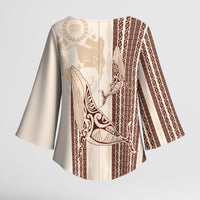 Swimming With Humpback Whales Season Tonga Kimono Sleeve Blouse Tongan Tofuaa Ngatu Pattern Brown