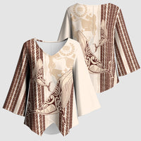 Swimming With Humpback Whales Season Tonga Kimono Sleeve Blouse Tongan Tofuaa Ngatu Pattern Brown