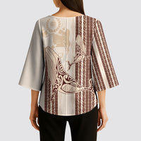 Swimming With Humpback Whales Season Tonga Kimono Sleeve Blouse Tongan Tofuaa Ngatu Pattern Brown