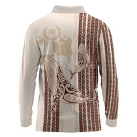 Swimming With Humpback Whales Season Tonga Long Sleeve Polo Shirt Tongan Tofuaa Ngatu Pattern Brown