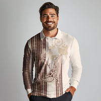Swimming With Humpback Whales Season Tonga Long Sleeve Polo Shirt Tongan Tofuaa Ngatu Pattern Brown