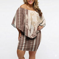 Swimming With Humpback Whales Season Tonga Off Shoulder Short Dress Tongan Tofuaa Ngatu Pattern Brown