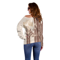 Swimming With Humpback Whales Season Tonga Off Shoulder Sweater Tongan Tofuaa Ngatu Pattern Brown