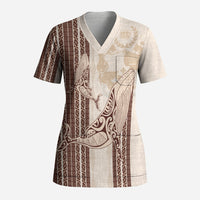 Swimming With Humpback Whales Season Tonga Scrub Top Tongan Tofuaa Ngatu Pattern Brown