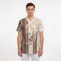 Swimming With Humpback Whales Season Tonga Scrub Top Tongan Tofuaa Ngatu Pattern Brown