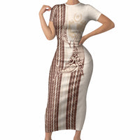 Swimming With Humpback Whales Season Tonga Short Sleeve Bodycon Dress Tongan Tofuaa Ngatu Pattern Brown