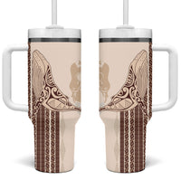 Swimming With Humpback Whales Season Tonga Tumbler With Handle Tongan Tofuaa Ngatu Pattern Brown