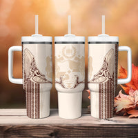 Swimming With Humpback Whales Season Tonga Tumbler With Handle Tongan Tofuaa Ngatu Pattern Brown