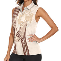 Swimming With Humpback Whales Season Tonga Women Sleeveless Polo Shirt Tongan Tofuaa Ngatu Pattern Brown